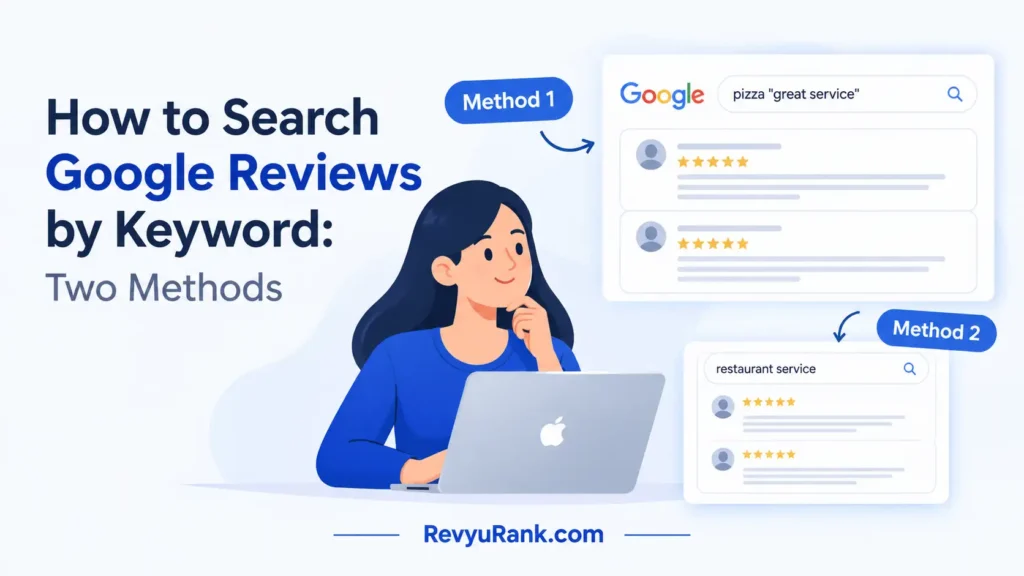 User searching through Google reviews using a keyword search bar on a laptop or mobile screen