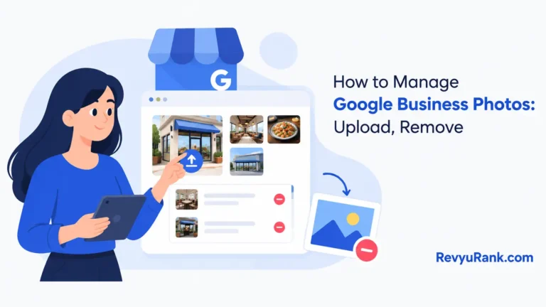 Infographic illustrating how to upload, remove, and report photos on a Google Business Profile