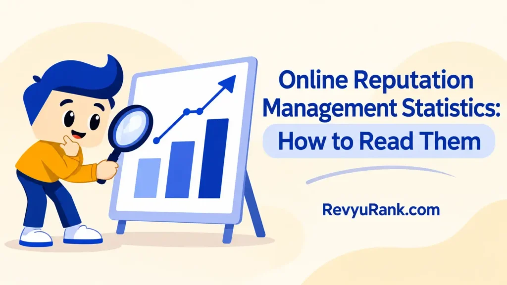 llustration of online reputation management statistics showing how to analyze customer reviews, ratings, and reputation metrics to understand brand performance.
