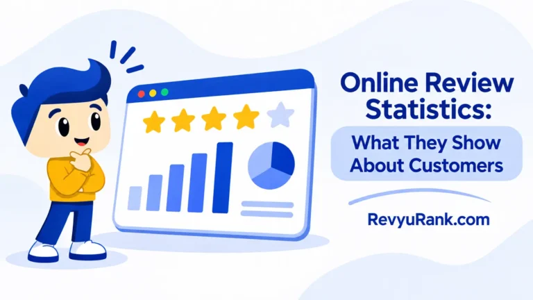 Illustration of online review statistics showing how customer ratings, feedback, and review trends reveal consumer behavior, trust, and purchasing decisions.