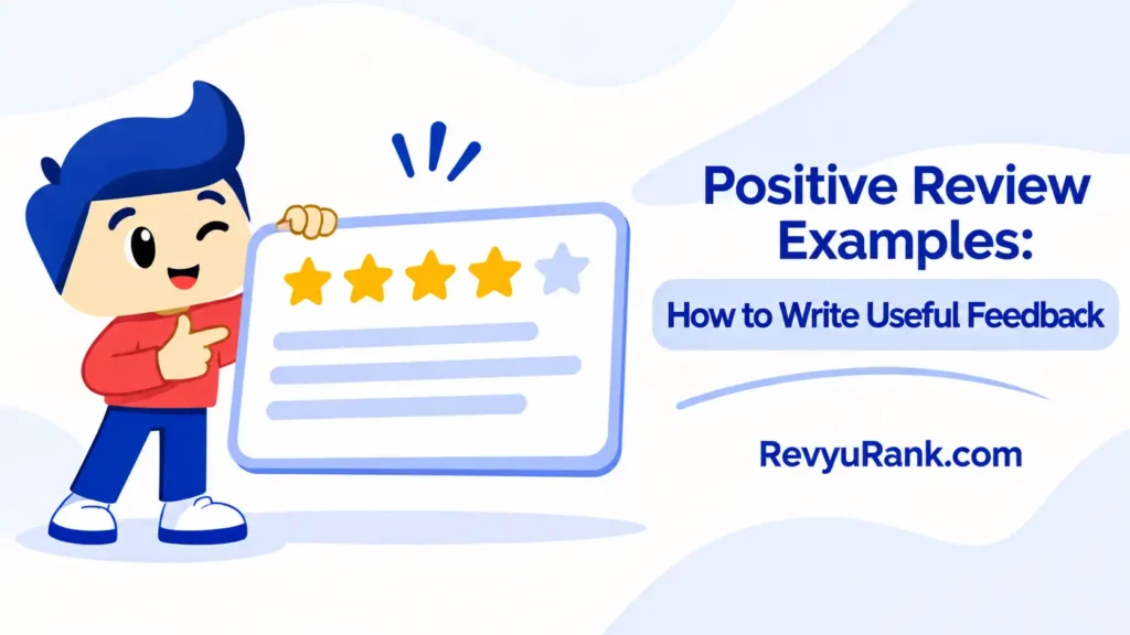 Illustration showing positive review examples and how to write useful, detailed feedback that helps businesses and customers.