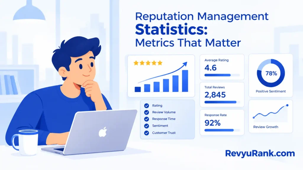 Cartoon business professional presenting reputation management statistics with review ratings, customer sentiment, and growth charts in a blue-and-white RevyuRank.com illustration.