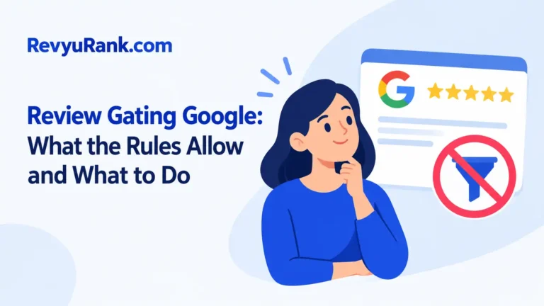 Illustration explaining Google review gating rules, what businesses are allowed to do, and how to collect customer reviews without violating Google's policies.