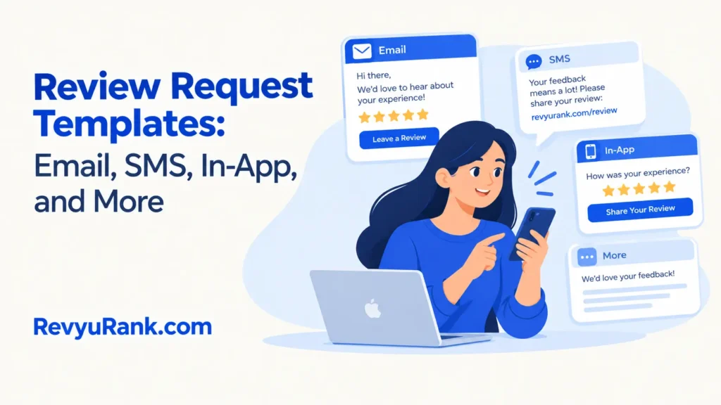 Graphic showcasing review request templates across mobile devices, email campaigns, and printed print collateral