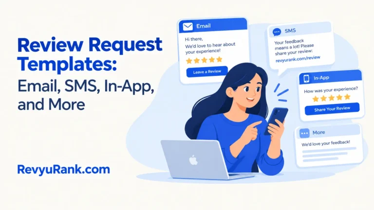 Graphic showcasing review request templates across mobile devices, email campaigns, and printed print collateral