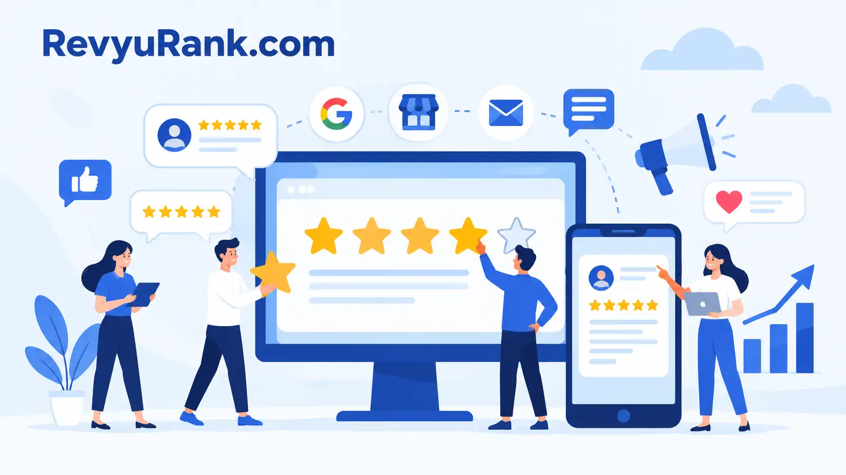 Flat vector illustration of a team managing online business reviews, customer star ratings, digital feedback, and reputation analytics on desktop and mobile screens.