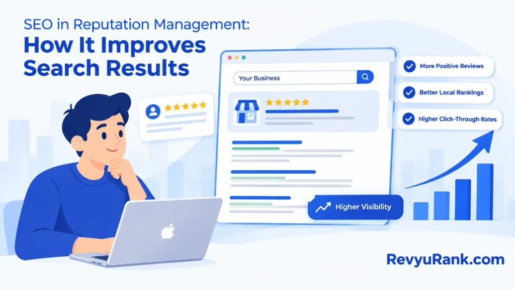 Cartoon business professional illustrating how SEO improves online reputation management through positive customer reviews, better local search rankings, higher click-through rates, and increased search visibility.