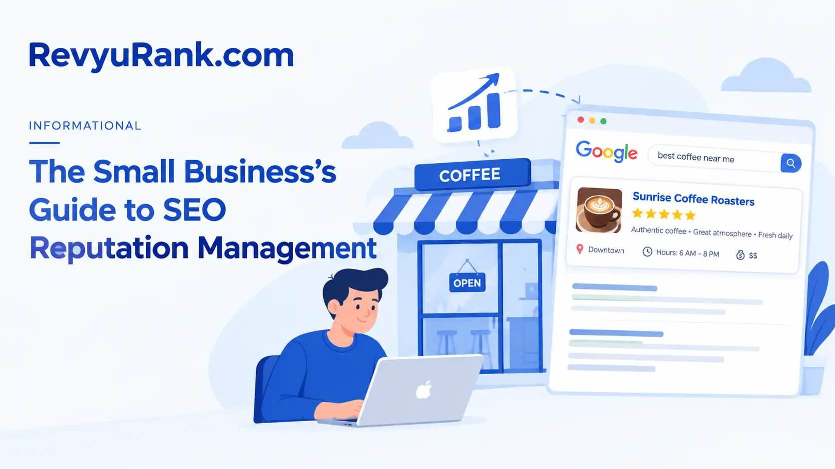 Flat vector illustration of a small business owner using SEO to improve online reputation, featuring a coffee shop, local search results, five-star customer reviews, and business growth analytics on a light background.