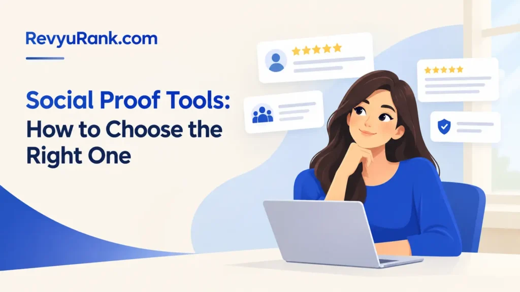 Illustration showing how to choose the right social proof tools to showcase customer reviews, build trust, and improve business credibility.