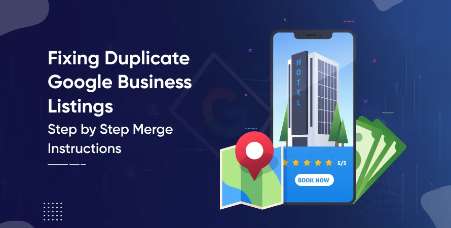Two similar business profile cards on a desk showing duplicate Google listings.