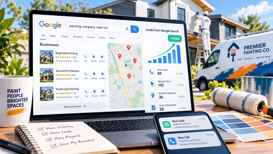 Verification postcard, smartphone, key, and business documents arranged for Google lead preparation.