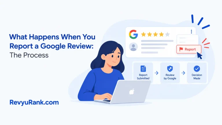 Business owner reporting a fake or spam Google review, illustrating the reporting process and moderation workflow